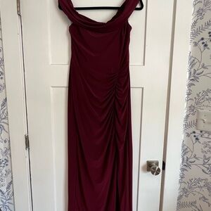 David's Bridal Burgundy Cowl Neck Ruched Gown